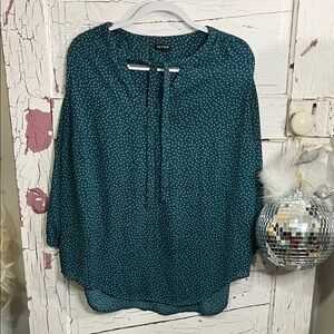 Torrid Teal & Tan Polka Dot Blouse Long Sleeve 100% Polyester Torrid Sz 2